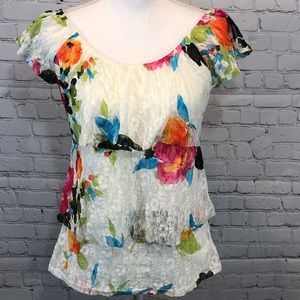 LA CIELO Blouse Tiered Lace Floral Print-Small
